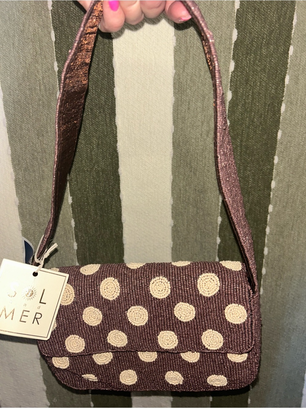 Polka Dot Beaded Shoulder Bag in Brown and Cream